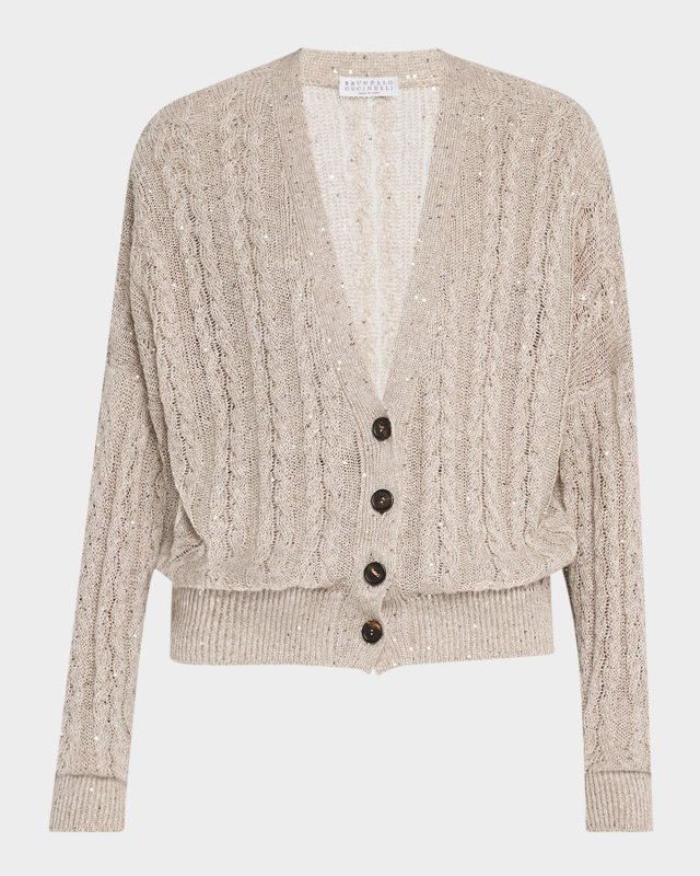 Linen Paillettes Cable-Knit Cardigan